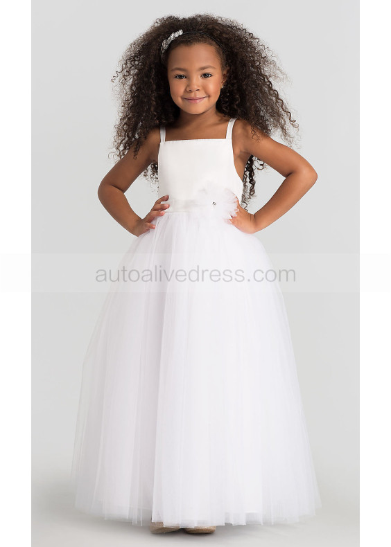 Square Neck White Satin Tulle Ankle Length Flower Girl Dress